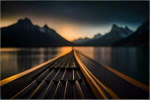 ein Boot auf das Wasser beim Sonnenuntergang mit Berge im das Hintergrund. KI-generiert foto