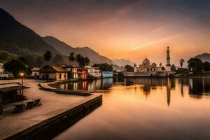 das Sonne setzt Über ein See und ein Moschee. KI-generiert foto