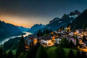 das Dorf von Schweiz beim Sonnenuntergang. KI-generiert foto