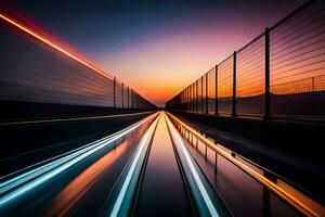 ein lange Exposition fotografieren von ein Zug Vorbeigehen durch ein Tunnel. KI-generiert foto