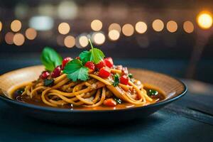 Spaghetti mit Tomate Soße und garniert mit Basilikum Blätter. KI-generiert foto