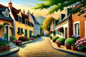 ein Gemälde von ein Straße mit Blumen und Häuser. KI-generiert foto