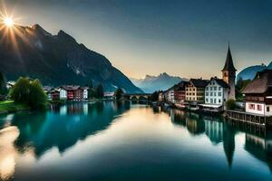 das Sonne scheint Über ein Fluss und ein Stadt, Dorf im Schweiz. KI-generiert foto