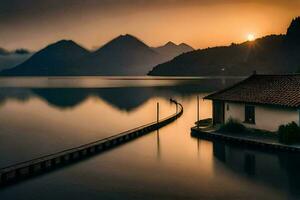 ein Haus auf das Wasser mit das Sonne Rahmen hinter Es. KI-generiert foto