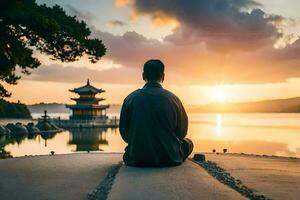 ein Mann Sitzung im Meditation beim Sonnenuntergang. KI-generiert foto