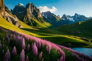 das Lupine Blumen sind Blühen im das Berge. KI-generiert foto