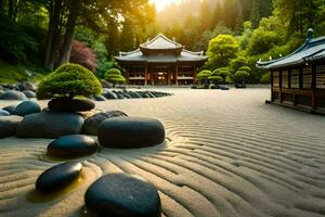 ein japanisch Garten mit Felsen und Bäume. KI-generiert foto