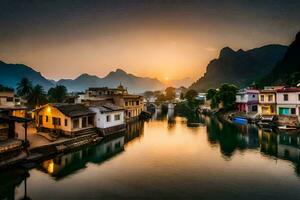 das Sonne setzt Über ein Fluss im Vietnam. KI-generiert foto