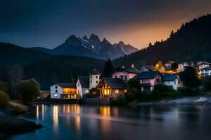 ein Dorf sitzt auf das Ufer von ein See beim Nacht. KI-generiert foto