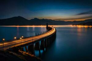 ein lange Exposition Foto von ein Brücke Über Wasser beim Nacht. KI-generiert