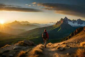 ein Mann mit ein Rucksack Wandern oben ein Berg beim Sonnenuntergang. KI-generiert foto