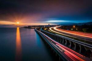 ein lange Exposition Foto von ein Brücke beim Sonnenuntergang. KI-generiert