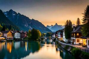 das schön Stadt, Dorf von Schweiz beim Sonnenuntergang. KI-generiert foto