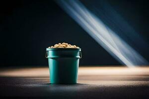 ein Eimer von Popcorn auf ein dunkel Tisch. KI-generiert foto