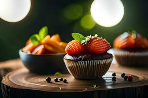 Cupcakes mit Erdbeeren und Minze auf ein hölzern Tisch. KI-generiert foto