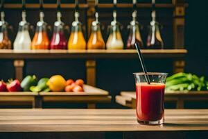 ein Glas von Saft sitzt auf ein hölzern Tisch. KI-generiert foto