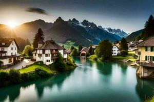 ein Fluss läuft durch ein Dorf im das Berge. KI-generiert foto