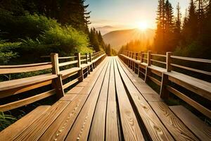 hölzern Brücke Über ein Fluss im das Berge. KI-generiert foto