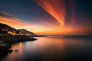 ein Sonnenuntergang Über das Meer mit ein Haus im das Vordergrund. KI-generiert foto