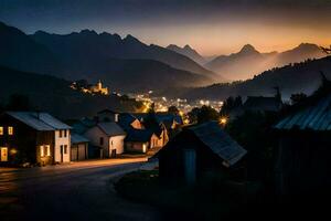 ein Dorf beim Dämmerung im das Berge. KI-generiert foto