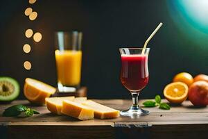 ein Glas von Saft und Käse auf ein hölzern Tisch. KI-generiert foto