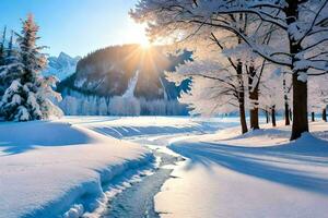 Schnee bedeckt Bäume und ein Strom im das Winter. KI-generiert foto