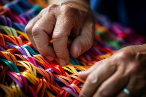 schließen oben von Hände tun Korbwaren Arbeit Bokeh Stil Hintergrund mit generativ ai foto