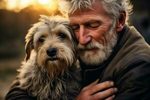 schließen oben von alt Mann umarmen seine Hund Bokeh Stil Hintergrund mit generativ ai foto