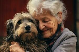 schließen oben von alt Frau umarmen ihr Hund Bokeh Stil Hintergrund mit generativ ai foto