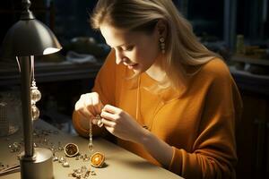 weiblich Juwelier Herstellung Schmuck im ihr Werkstatt Bokeh Stil Hintergrund mit generativ ai foto