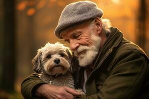 schließen oben von alt Mann umarmen seine Hund Bokeh Stil Hintergrund mit generativ ai foto
