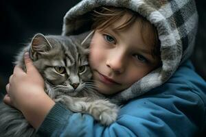 schließen oben von ein Junge umarmen seine Katze Bokeh Stil Hintergrund mit generativ ai foto