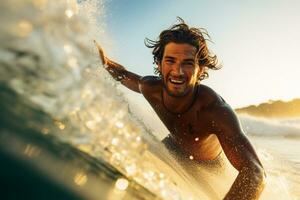 schließen oben Gesicht von Mann Reiten ein Welle auf oben ein Surfbrett beim das Meer Bokeh Stil Hintergrund mit generativ ai foto