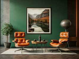 Mitte des Jahrhunderts modern Leben Zimmer mit braun Leder Stühle und Tabelle ai generativ foto