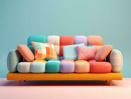 bunt Couch mit bunt Kissen auf ein Licht Rosa Hintergrund ai generativ foto