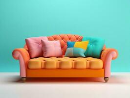 bunt Couch mit bunt Kissen auf ein Licht Rosa Hintergrund ai generativ foto