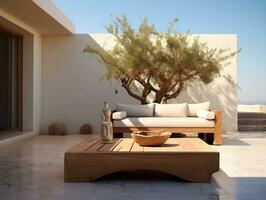 schön Terrasse mit groß Weiß Holz Einrichtung Tabelle und Couch mit Olive Baum im Topf ai generativ foto