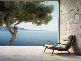 Balkon Terrasse von ein Stein Haus durch ein Blau Meer mit ein Strand Stuhl in der Nähe von ein Baum ai generativ foto