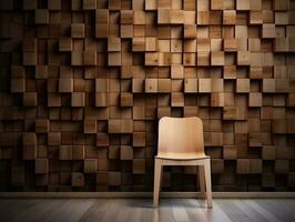 hölzern Block Mauer mit ein minimalistisch Stuhl im Vorderseite von es ai generativ foto