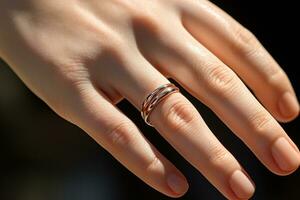 Frau Hand tragen ein Silber Ring auf dunkel Hintergrund Bokeh Stil Hintergrund mit generativ ai foto