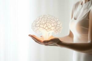 ein Hand halten ein Gehirn Modell- im Weiß Zimmer Bokeh Stil Hintergrund mit generativ ai foto