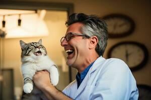ein männlich Haustier Tierarzt umarmen ein Katze Bokeh Stil Hintergrund mit generativ ai foto