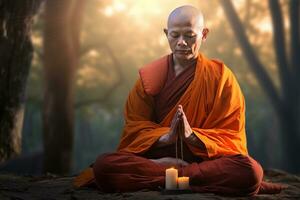 Buddhist Mönch achtsam Meditation im Vorderseite von natürlich Hintergrund Bokeh Stil Hintergrund mit generativ ai foto