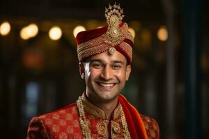 ein indisch Bräutigam im traditionell Kleid lächelnd beim das Kamera Bokeh Stil Hintergrund mit generativ ai foto
