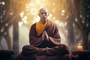 Buddhist Mönch achtsam Meditation im Vorderseite von natürlich Hintergrund Bokeh Stil Hintergrund mit generativ ai foto