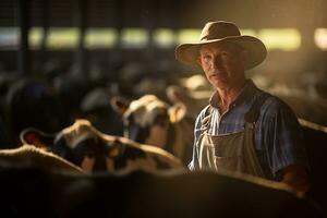 Farmer Mann weiden Kühe im seine Bauernhof Bokeh Stil Hintergrund mit generativ ai foto