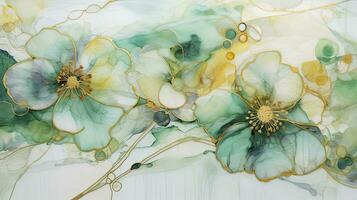 Blumen- Marmor Textur mit abstrakt Grün, Weiss, funkeln, und Gold Alkohol Tinte Hintergrund. ai generiert foto