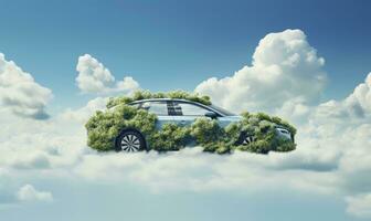 umweltfreundlich Auto und Natur auf ein Blau Himmel mit Wolken. Natur inspiriert Transport. ai generiert foto