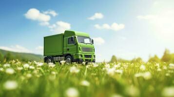 Grün LKW umweltfreundlich Transport Konzept auf Frühling Wiese. ai generiert foto