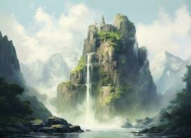majestätisch Wasserfall Landschaft mit Berg und Schloss mit Blick auf ein zentral Felsen. ai generiert foto